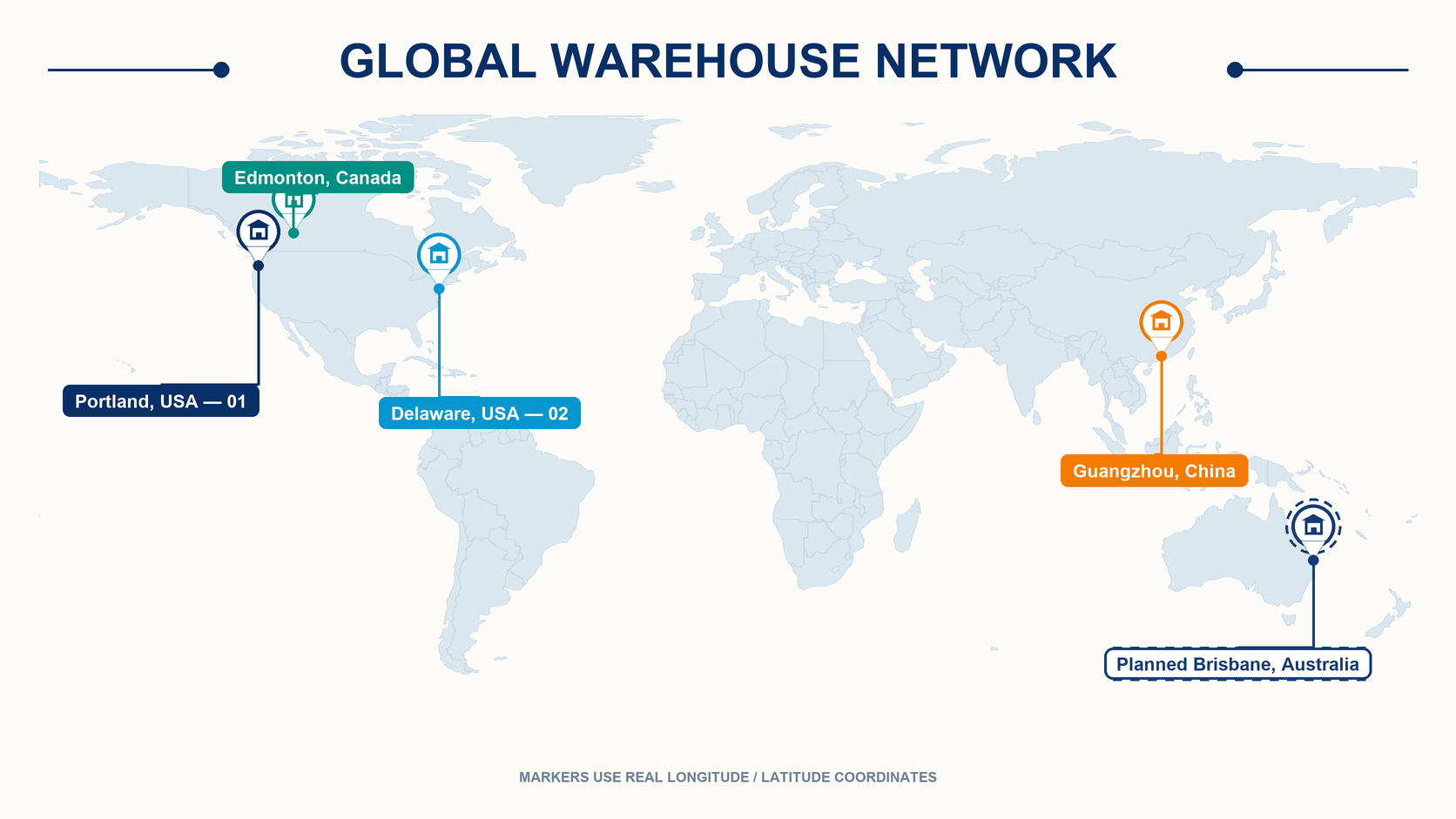 WBS warehouse network in Guangzhou, Portland, Delaware, Edmonton, and planned Brisbane, Australia